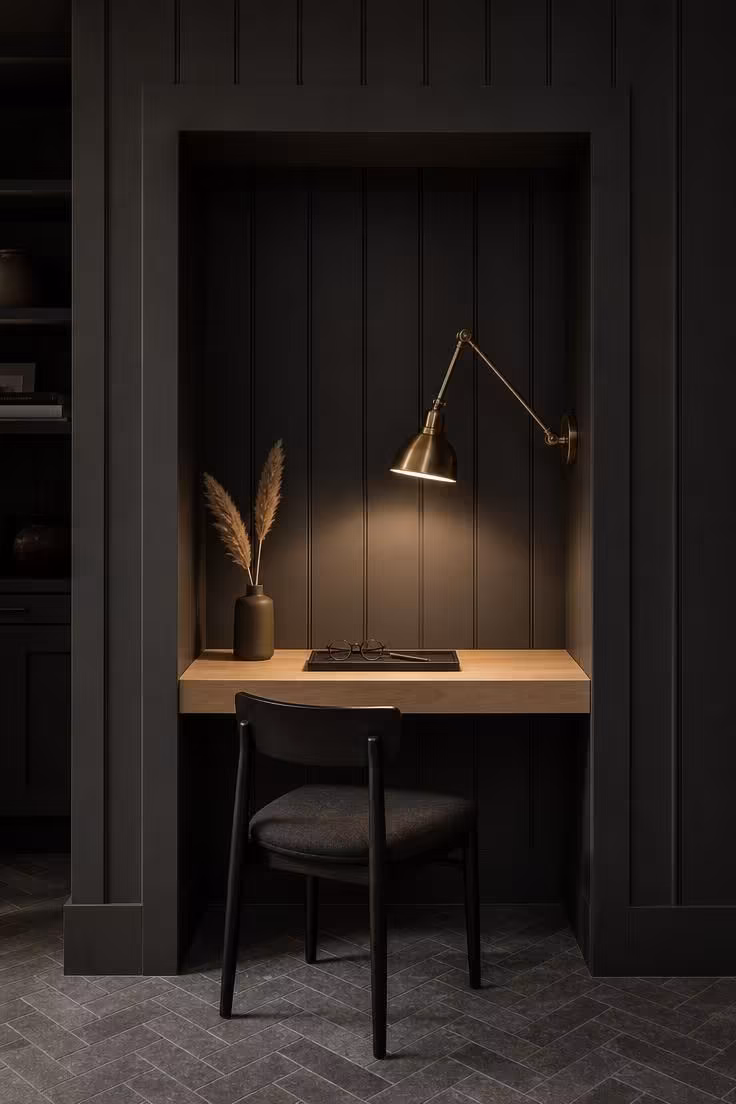 Built-in desk nook with charcoal board-and-batten paneling and brass articulating task lamp