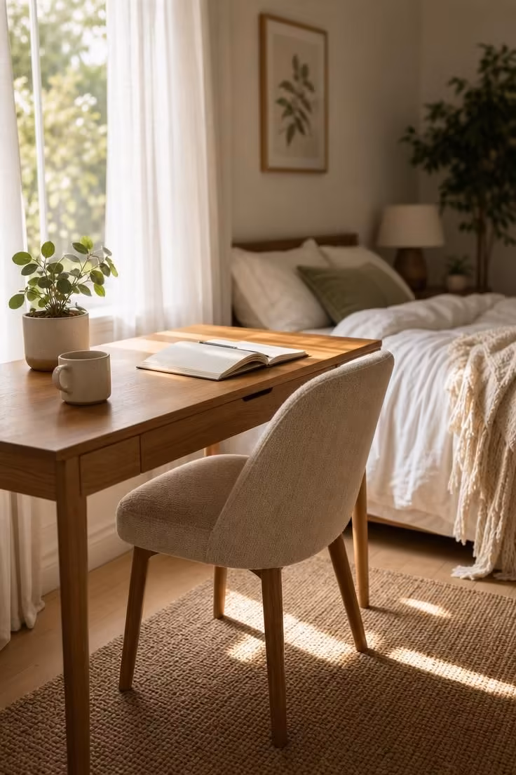 Simple Spaces 15 Serene bedroom with wooden study desk near window, ceramic mug, open notebook, and upholstered chair with morning light