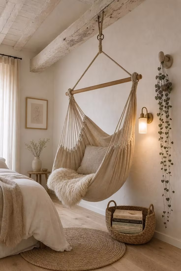 13 Cozy Bedroom Reading Nook Ideas for Quiet Evenings 1 A linen hammock chair hanging from a whitewashed ceiling beam in a bright bedroom with a sheepskin throw, brass sconce, and seagrass book basket below