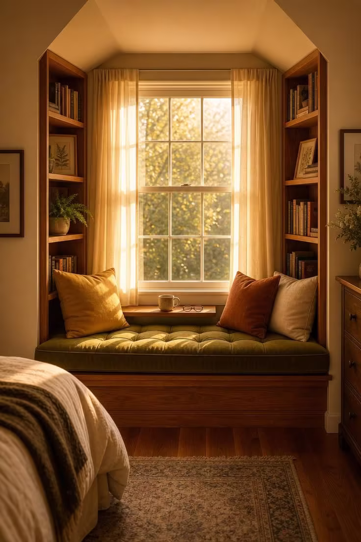 13 Cozy Bedroom Reading Nook Ideas for Quiet Evenings 2 A deep olive velvet window seat in a bedroom dormer with cedar bookshelves on each side, golden afternoon light streaming through sheer curtains
