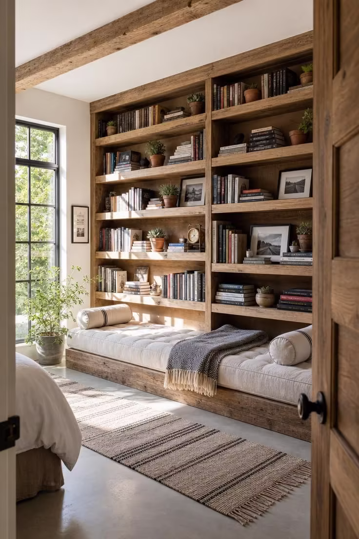 13 Cozy Bedroom Reading Nook Ideas for Quiet Evenings 4 A floor-to-ceiling reclaimed oak bookshelf wall in a bright bedroom with a tufted linen daybed, roll pillows, and midday sunlight