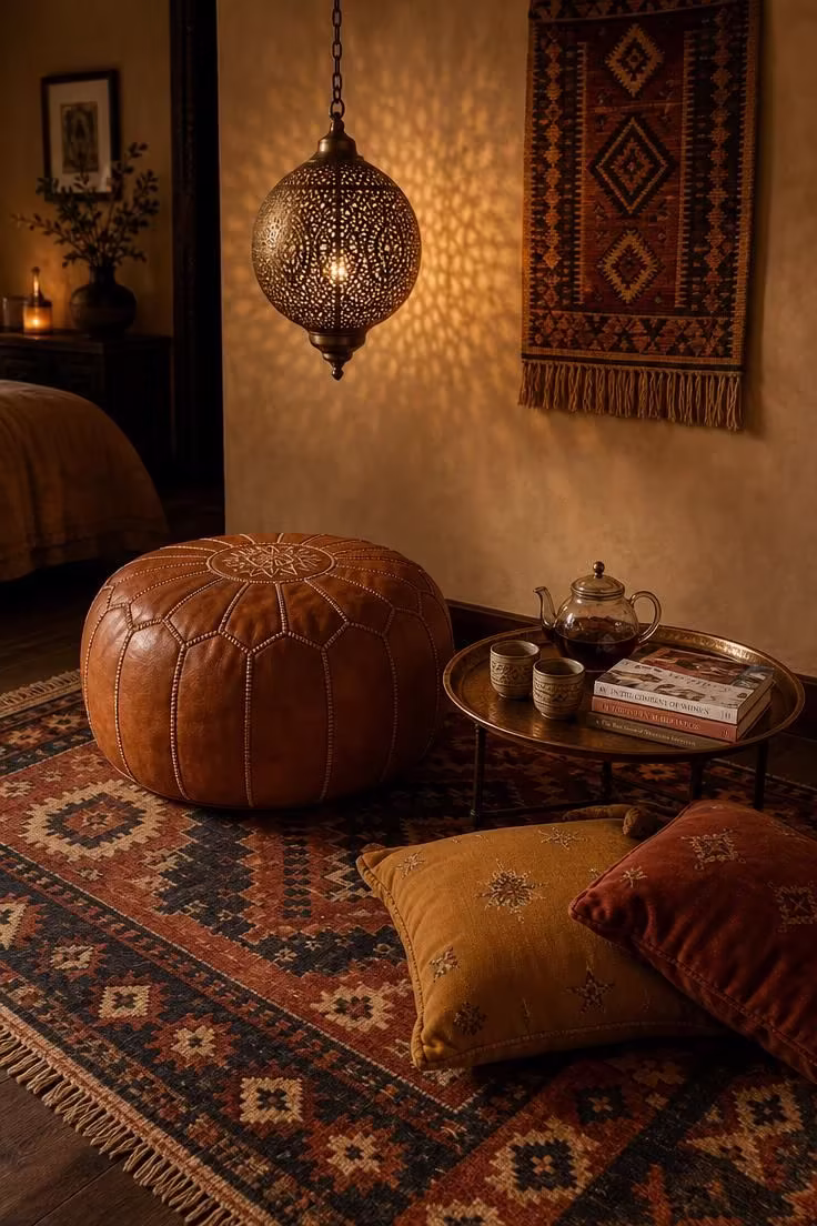13 Cozy Bedroom Reading Nook Ideas for Quiet Evenings 5 A camel leather Moroccan pouf on a layered kilim rug under a hammered brass pendant lantern in a warm bedroom corner with a copper tray table