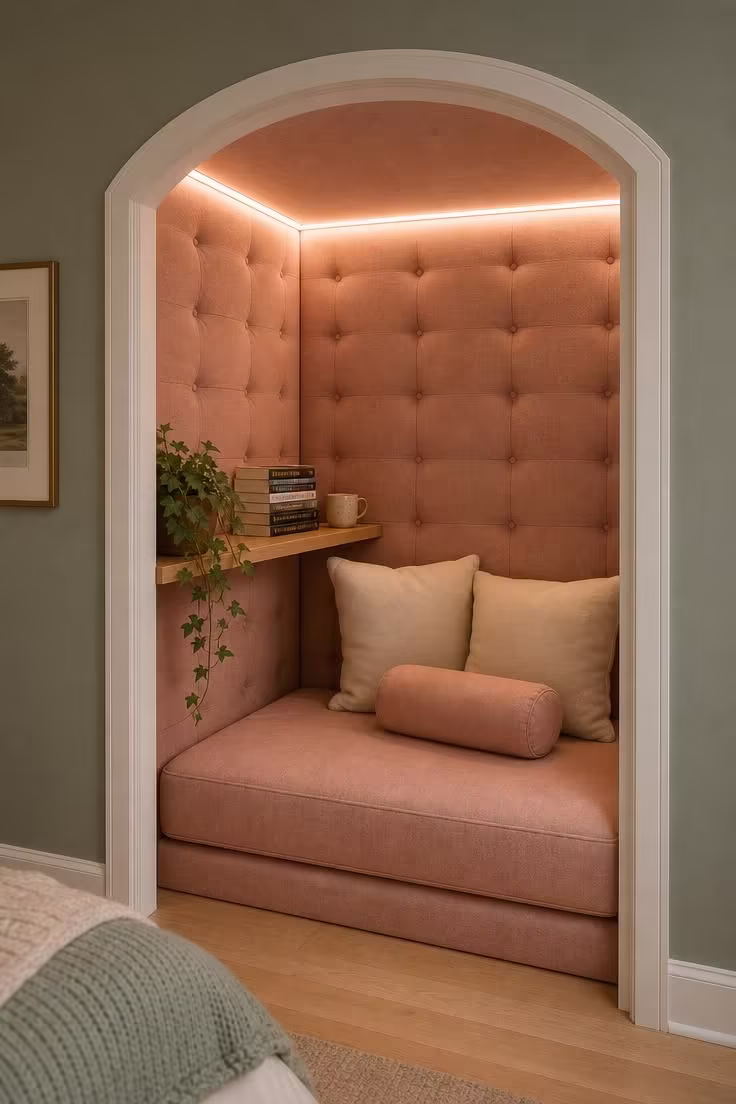 13 Cozy Bedroom Reading Nook Ideas for Quiet Evenings 6 A bedroom closet converted into a padded reading pod with dusty rose linen panels, LED strip lighting, and a cushioned bench with books