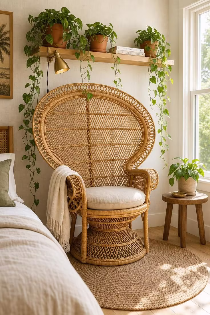 13 Cozy Bedroom Reading Nook Ideas for Quiet Evenings 7 A woven rattan peacock chair in a bright bedroom corner with trailing pothos on a floating shelf above and a jute rug below