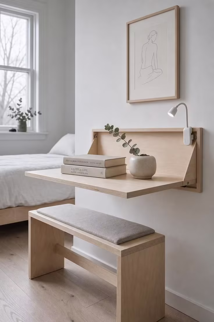 13 Cozy Bedroom Reading Nook Ideas for Quiet Evenings 8 A fold-down birch wall shelf with books and a slim bench in a minimal bedroom corner with cool overcast light and a framed line drawing