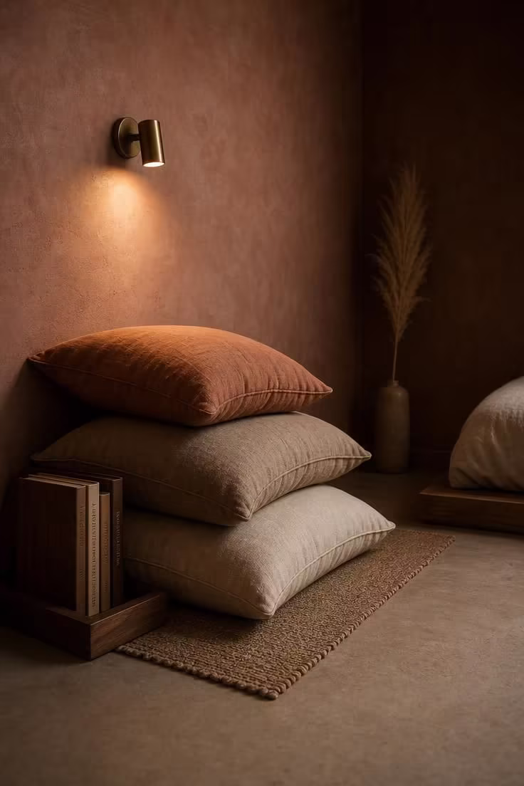 13 Cozy Bedroom Reading Nook Ideas for Quiet Evenings 9 Three oversized floor cushions in cream, sand, and clay stacked against a dusty rose limewash wall with a brass wall sconce and walnut book tray