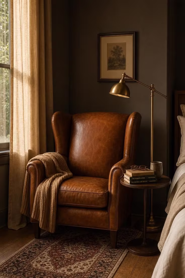 13 Cozy Bedroom Reading Nook Ideas for Quiet Evenings 10 A cognac leather wingback chair beside a brass pharmacy lamp in a bedroom alcove with golden light through linen curtains and a walnut side table