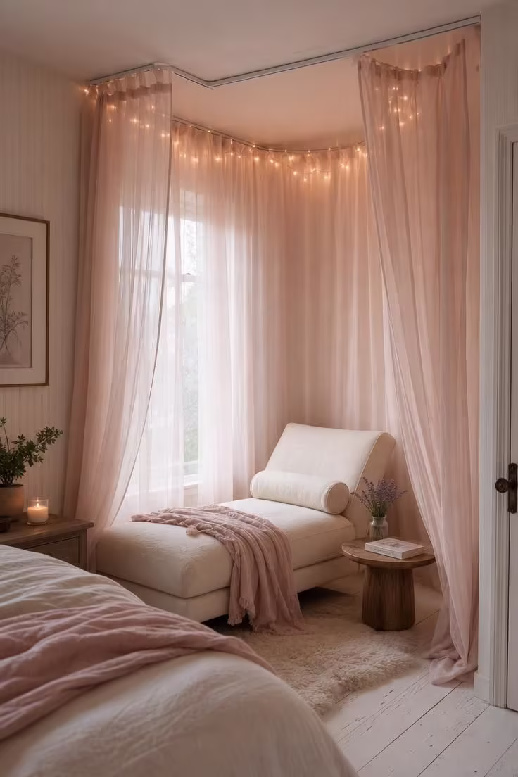 13 Cozy Bedroom Reading Nook Ideas for Quiet Evenings 11 A sheer blush curtain canopy over an ivory linen chaise lounge in a bedroom corner with fairy lights, a sheepskin rug, and fresh lavender