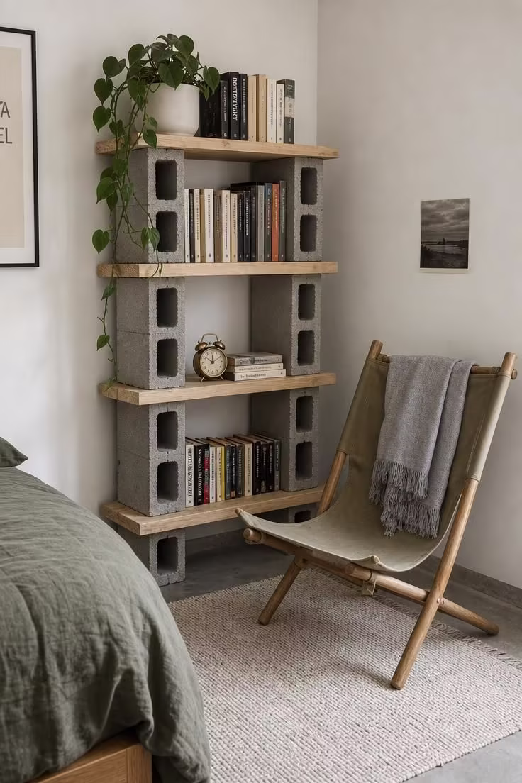 13 Cozy Bedroom Reading Nook Ideas for Quiet Evenings 12 A concrete block and pine plank bookshelf tower beside a canvas sling chair in a cool-lit bedroom corner with a trailing philodendron