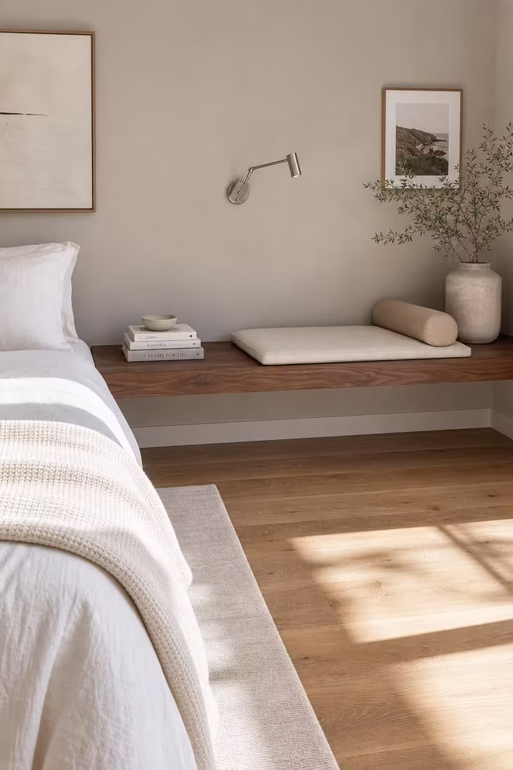 13 Cozy Bedroom Reading Nook Ideas for Quiet Evenings 13 A wide walnut floating shelf extending from a nightstand into a reading perch with a linen cushion, roll pillow, and wall-mounted reading light