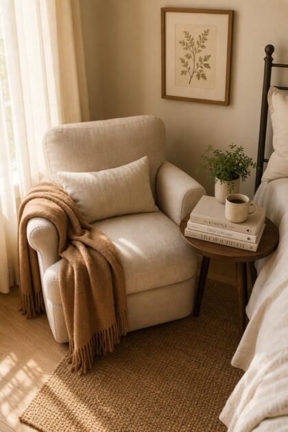 13 Cozy Bedroom Reading Nook Ideas for Quiet Evenings A cozy bedroom reading nook with a linen armchair, cashmere throw, stacked books on a side table, and soft golden light through sheer curtains