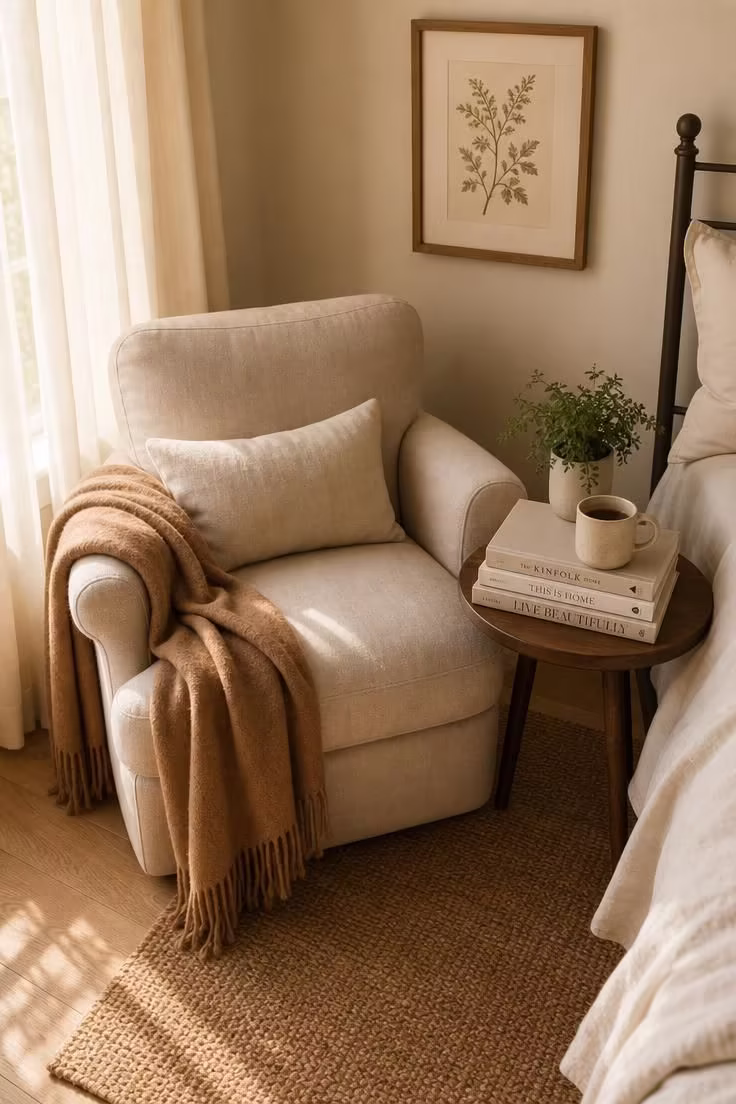 Simple Spaces 17 A cozy bedroom reading nook with a linen armchair, cashmere throw, stacked books on a side table, and soft golden light through sheer curtains