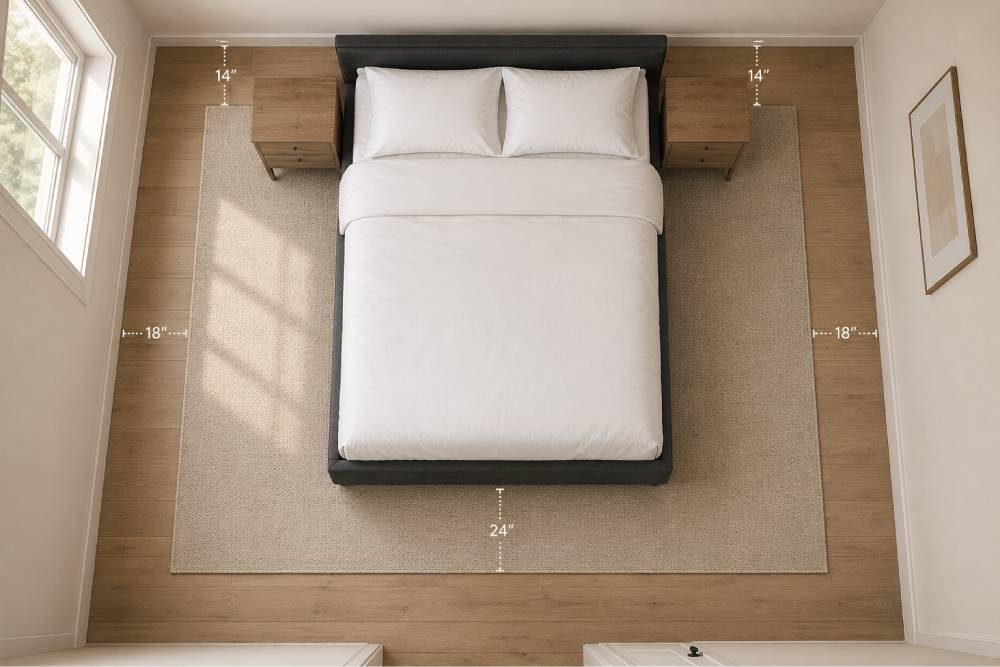 Rug Size Calculator and Room-by-Room Rug Sizing Guide 4 Top-down view of a queen bed on an area rug showing 18 inches of rug visible on each side of the bed and 24 inches past the foot, with nightstand front legs resting on the rug and hardwood floor border visible between the rug edge and bedroom walls.