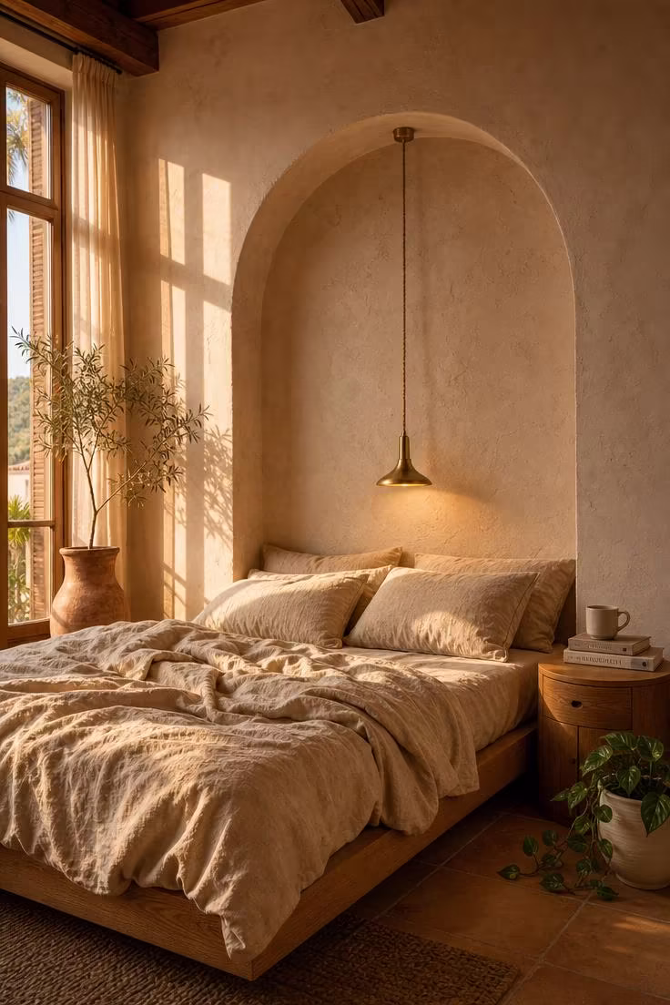 A raw plaster arched niche behind a low oak bed with a slim brass pendant light hanging inside the arch, bathed in warm golden afternoon light.