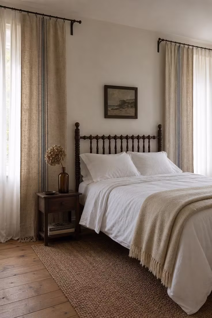 Two vintage linen grain sack panels with faded blue stripes hanging from matte black iron rods flanking a dark wood spindle bed in soft diffused light.