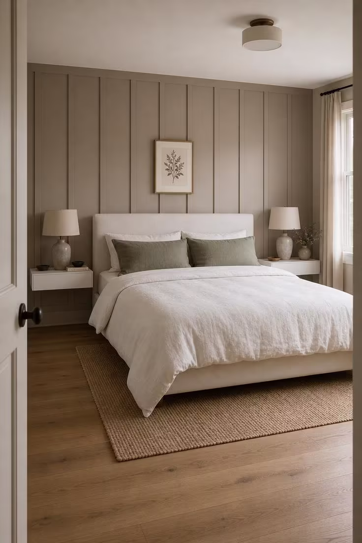 A floor-to-ceiling board-and-batten accent wall painted in pale mushroom behind a white upholstered bed with sage green linen pillows in cool overcast morning light.