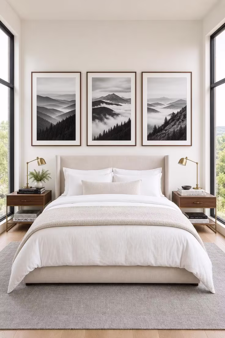 Three oversized black-and-white misty mountain landscape prints in thin walnut frames hanging above a cream linen headboard in bright midday light.