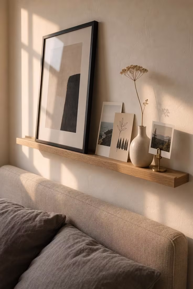A slim white oak picture ledge above a linen headboard holding a leaning abstract print, postcards, a ceramic bud vase, and a polaroid in warm golden afternoon light.