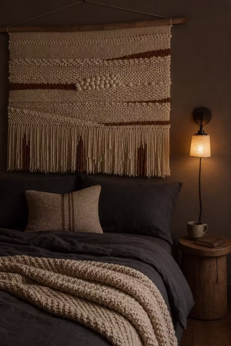 A large hand-knotted woven wall hanging in ivory and rust tones hanging from a raw wooden dowel above a bed dressed in charcoal linen, in low moody evening light.
