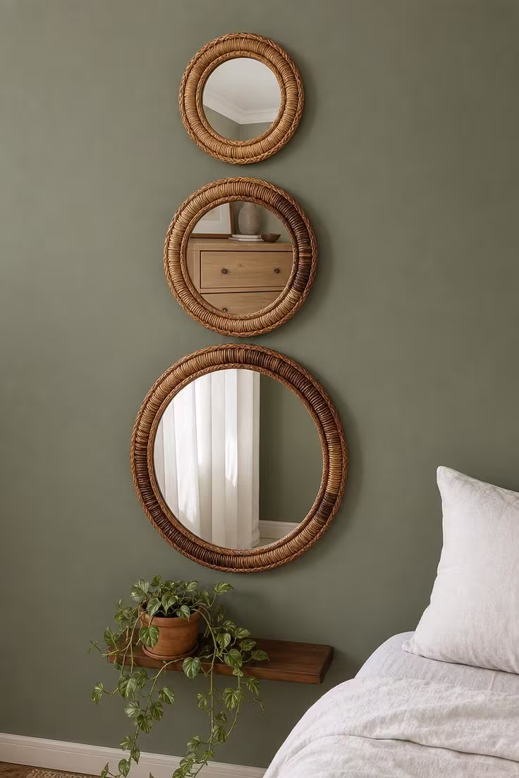 Three round rattan-framed mirrors in graduated sizes stacked vertically on a sage green bedroom wall in bright midday light, reflecting parts of the room.