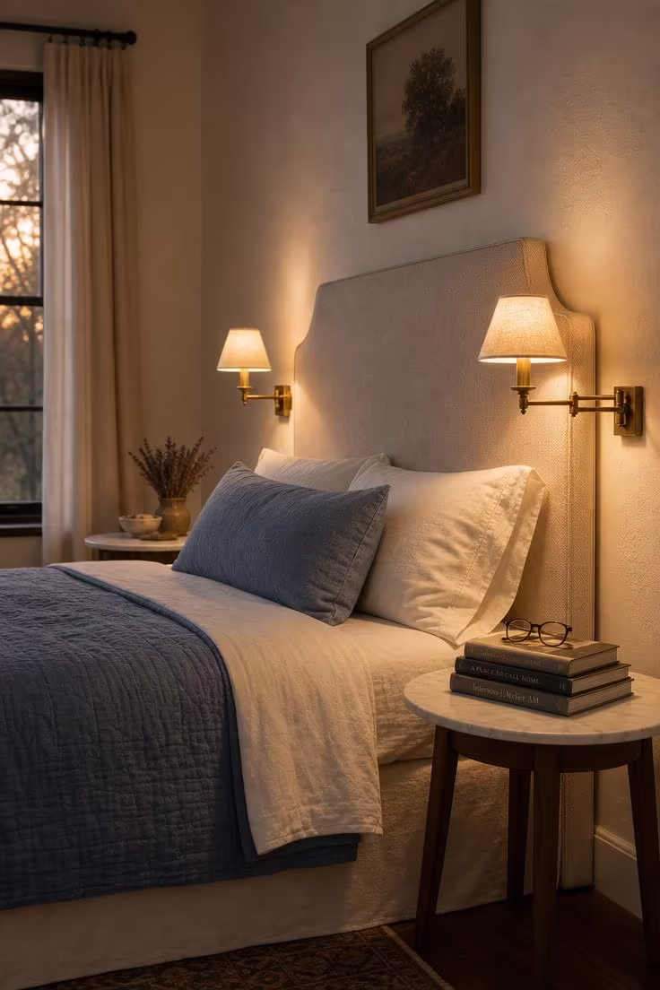 Two plug-in brass swing-arm wall sconces with linen shades flanking a cream linen headboard, casting warm golden circles of light in an evening bedroom scene.