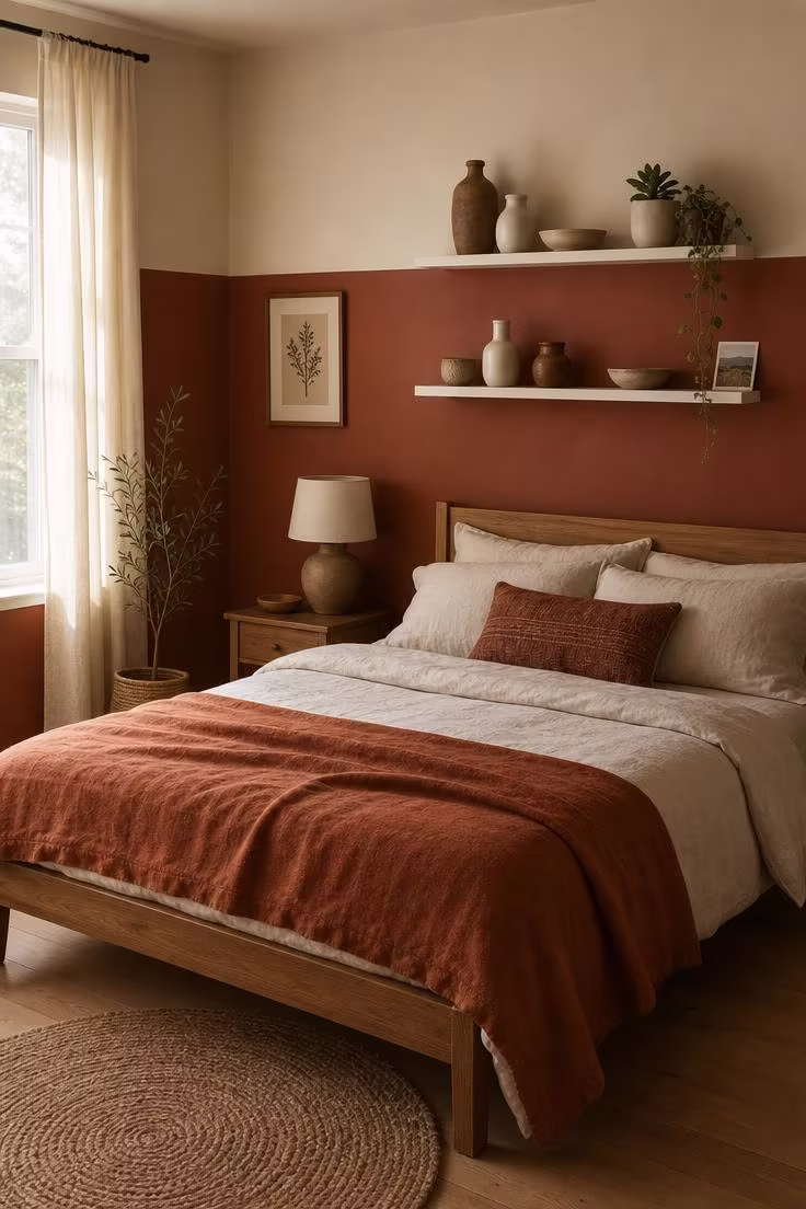 A half-wall painted in deep clay color with slim white floating shelves holding stoneware vessels, behind a natural wood bed frame in soft diffused afternoon light.
