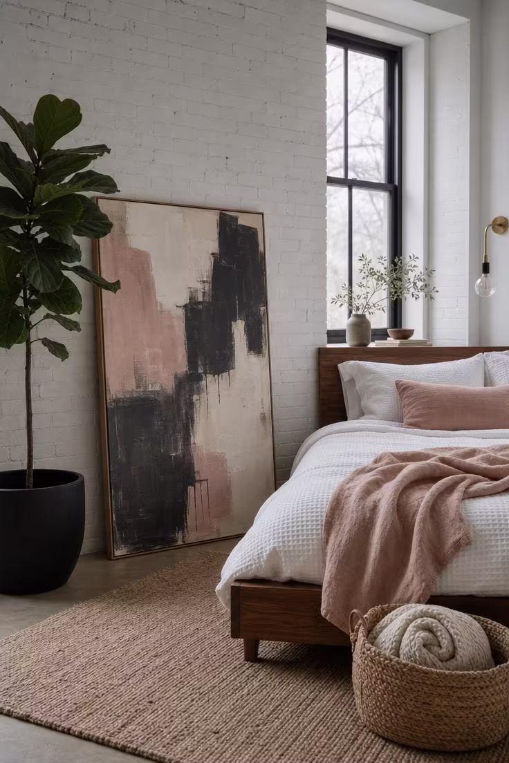 A large abstract canvas in blush and charcoal tones leaning casually against a white-painted brick wall beside a low walnut bed in cool overcast morning light.