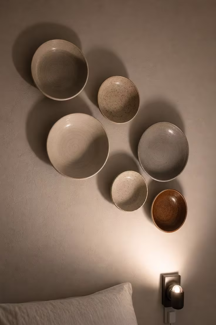 Six hand-thrown ceramic bowls in matte white, grey, cream, and rust mounted in an asymmetric cluster on a pale linen wall, lit dramatically from below in moody low light.