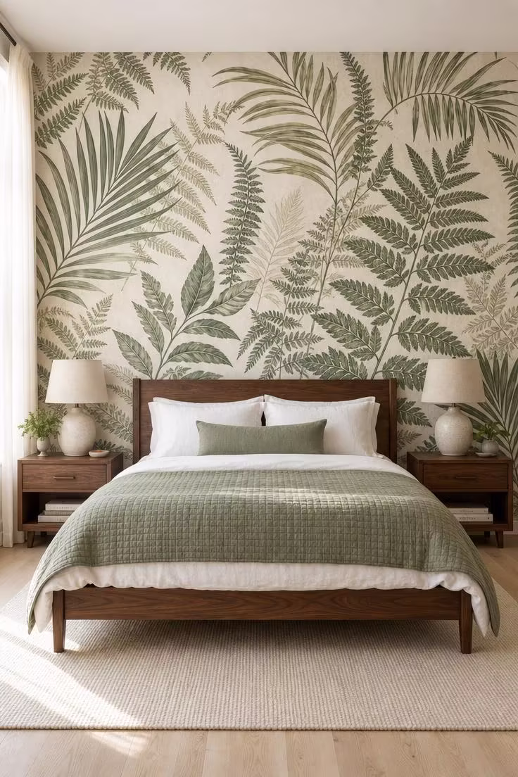 A full-wall peel-and-stick botanical mural in faded green tones behind a solid walnut bed frame dressed in white linen and sage green cotton quilt in bright midday light.