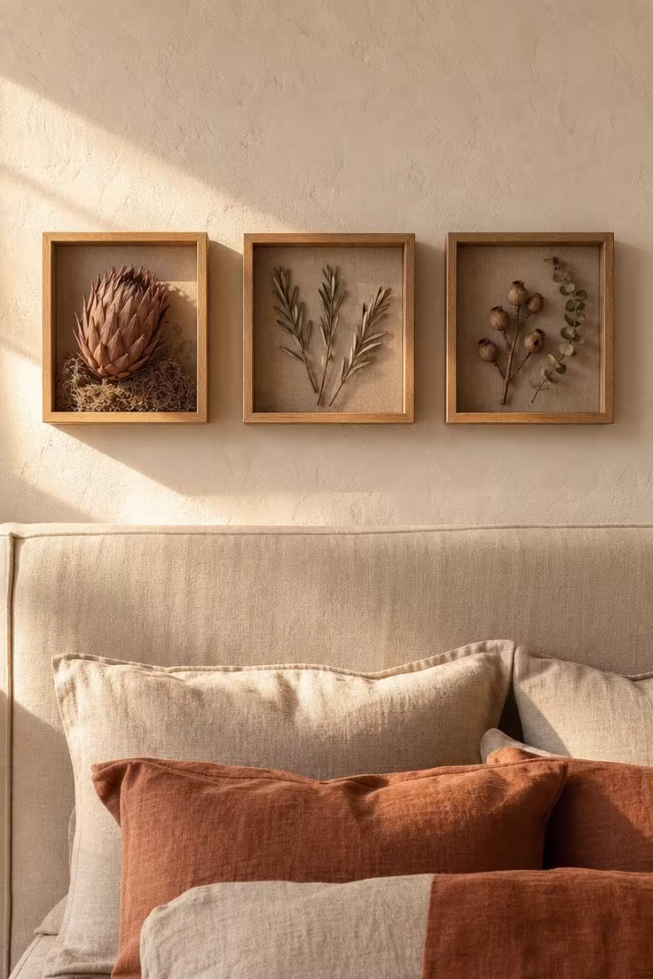 Three light oak shadow boxes in a row above a cream linen headboard, displaying dried protea, pressed olive branches, and seed pods in warm golden afternoon light.
