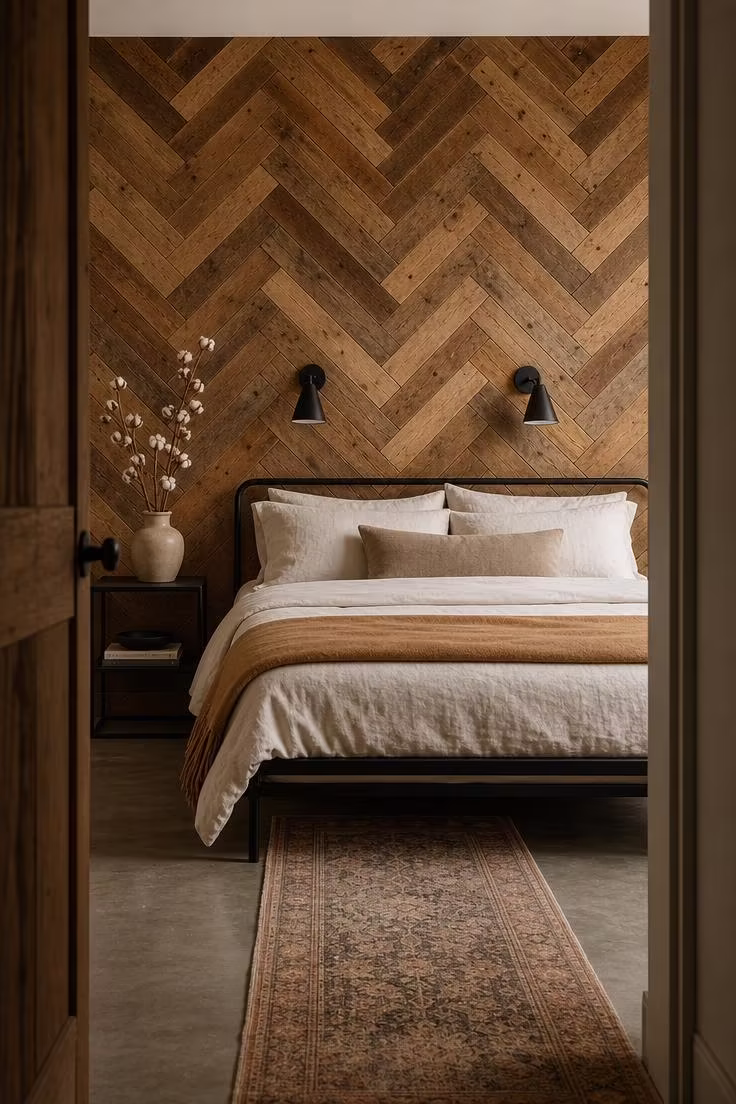 A full wall of reclaimed oak planks in herringbone pattern behind a low black metal platform bed with warm white linen bedding in soft diffused light.