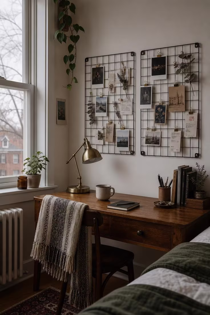 Two matte black metal grid panels on a white wall above a wooden desk, holding clipped polaroids, postcards, and dried eucalyptus stems in cool overcast afternoon light.