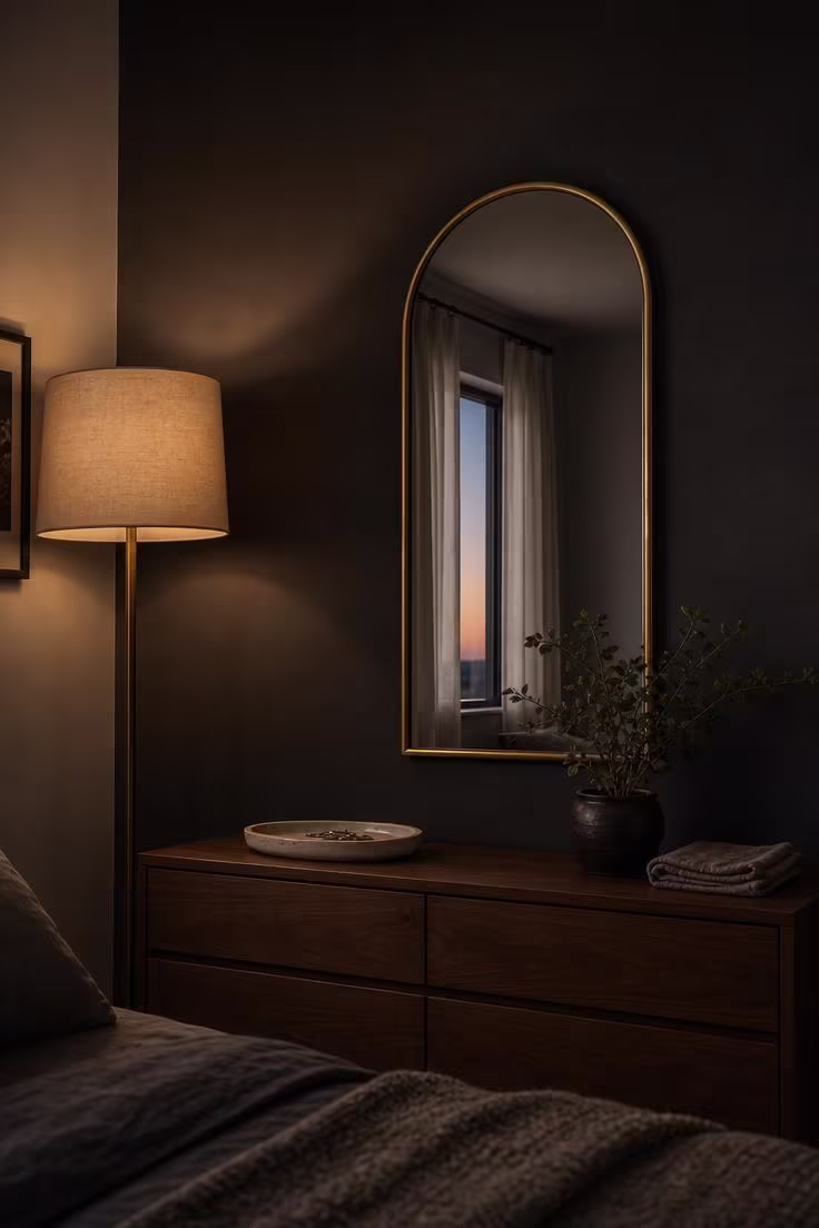 A large arched mirror with an unlacquered brass frame hanging on a charcoal accent wall above a low walnut dresser in moody twilight bedroom light.