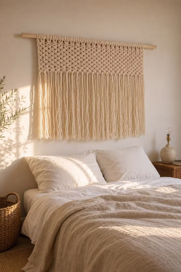 A large cotton macrame wall hanging with flowing fringe on a bleached cedar dowel above a queen bed dressed in white cotton and natural linen in warm golden morning light.