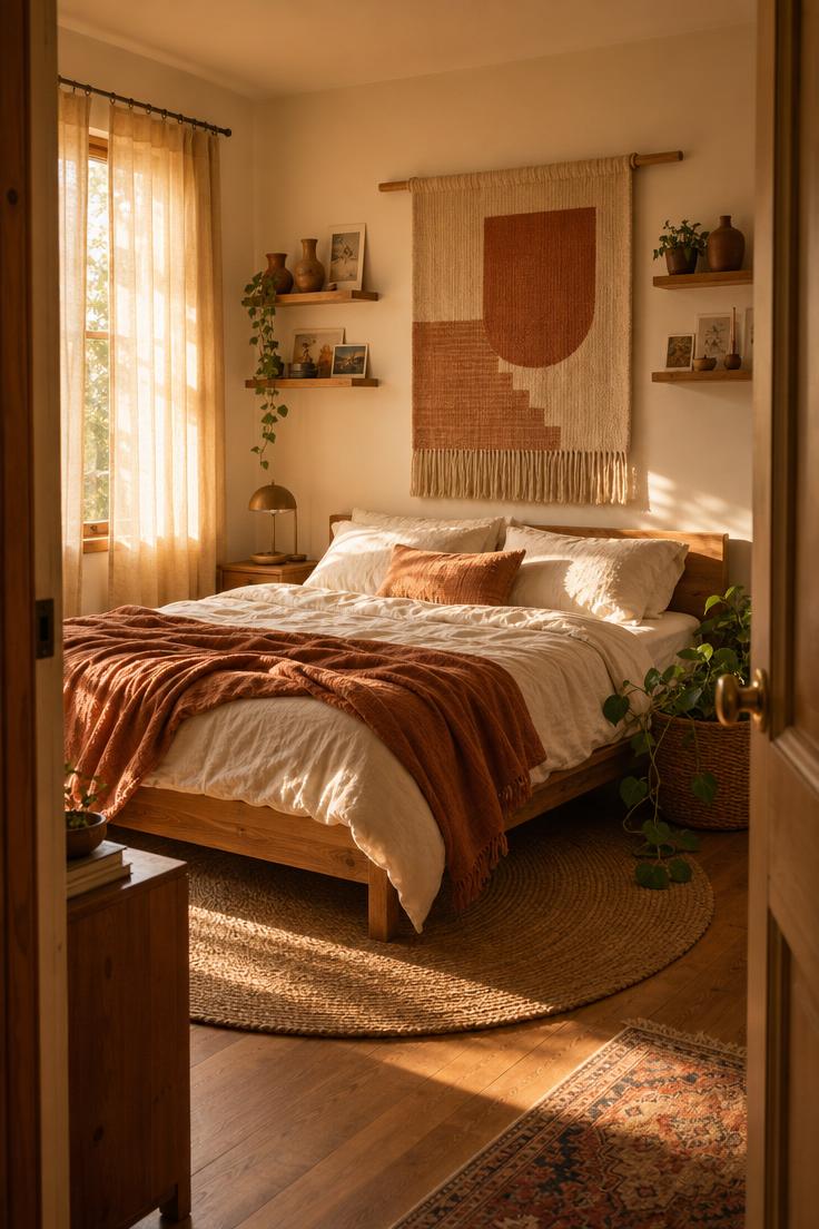 Simple Spaces 15 A warm, inviting bedroom with a woven wall hanging, floating shelves with ceramics, and rumpled white linen bedding on a low oak bed, bathed in golden afternoon light streaming through sheer curtains.