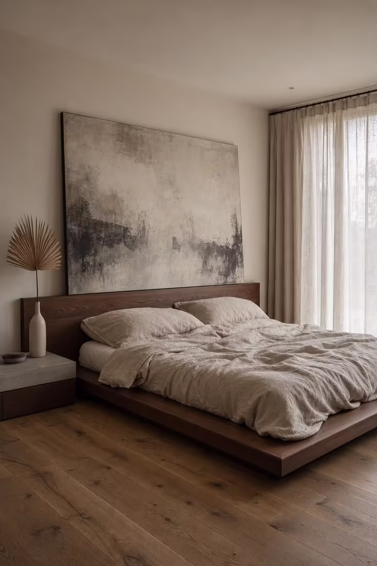 9 Bedroom Wall Decorations That Instantly Make a Plain Room Feel Custom 1 A single oversized abstract canvas in muted tones leaning above a low walnut platform bed in a calm bedroom with cool morning light.