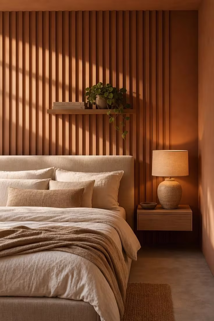9 Bedroom Wall Decorations That Instantly Make a Plain Room Feel Custom 2 Fluted wood panels painted in warm clay behind a linen-upholstered bed, with golden afternoon light casting rhythmic shadows across the ridges.