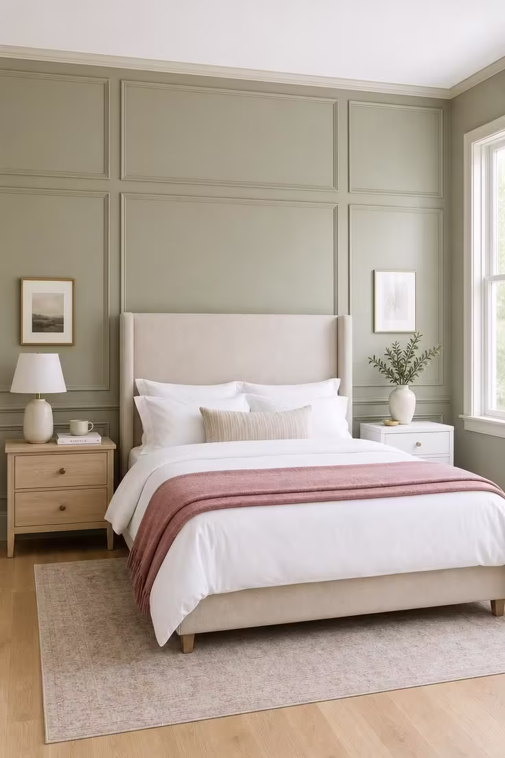 9 Bedroom Wall Decorations That Instantly Make a Plain Room Feel Custom 3 Picture-frame wall moulding painted in matching sage green behind a tall linen headboard, with bright midday light filling the room.