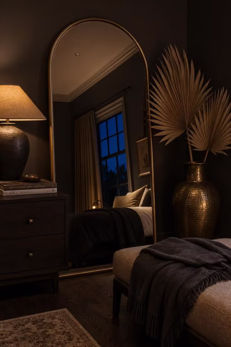 9 Bedroom Wall Decorations That Instantly Make a Plain Room Feel Custom 4 A large arched mirror in unlacquered brass leaning against a charcoal wall at dusk, reflecting warm lamplight and catching points of brass from nearby accents.