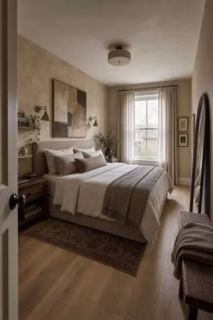 A wide-angle view from the doorway of a bedroom with a limewash headboard wall, brass sconces, layered art, and an arched mirror, all lit by cool overcast morning light.