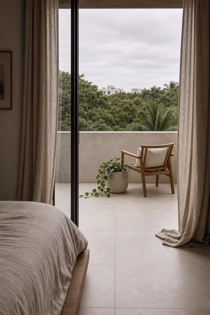 A bedroom with matching porcelain tile flooring that continues through an open sliding glass door onto a balcony with a teak chair and pothos plant on an overcast morning.