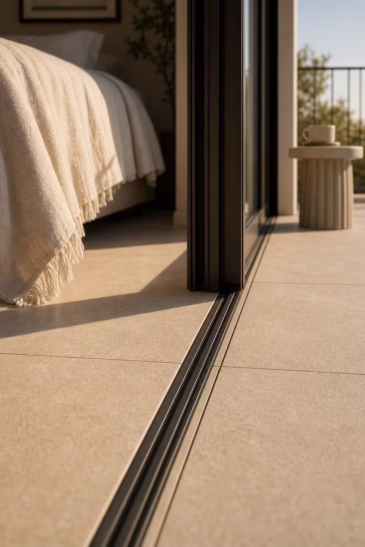 A close-up of sand-toned porcelain tile running flush through a slim sliding door track from bedroom to balcony in warm afternoon light.