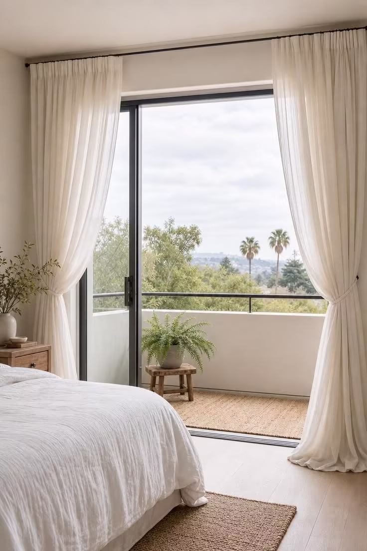 Floor-to-ceiling sheer ivory curtains frame an open sliding glass door with a small balcony beyond, bathed in soft diffused light.