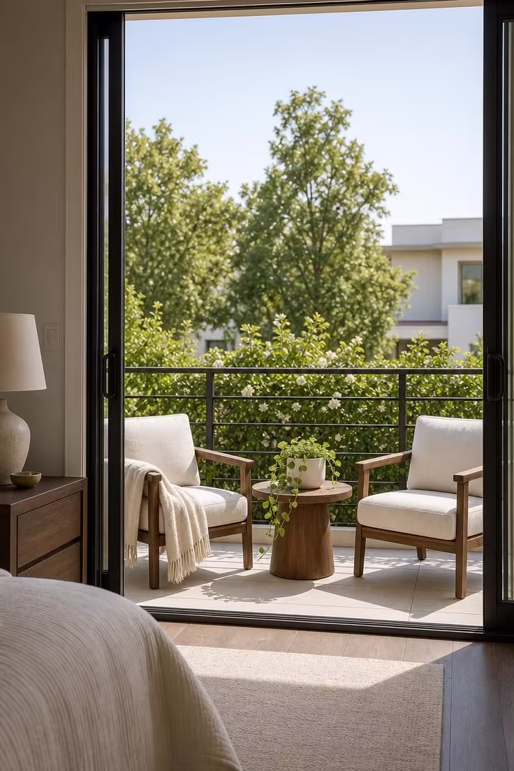 A sunlit balcony with two low linen chairs and a walnut side table that match the bedroom furniture visible through open sliding glass doors at midday.