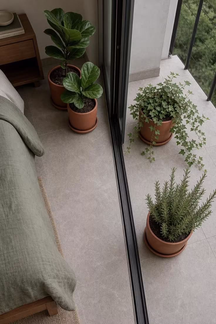 Overhead view of matching terracotta pots with plants on both sides of a bedroom-balcony threshold, connected by continuous gray porcelain tile on an overcast day.