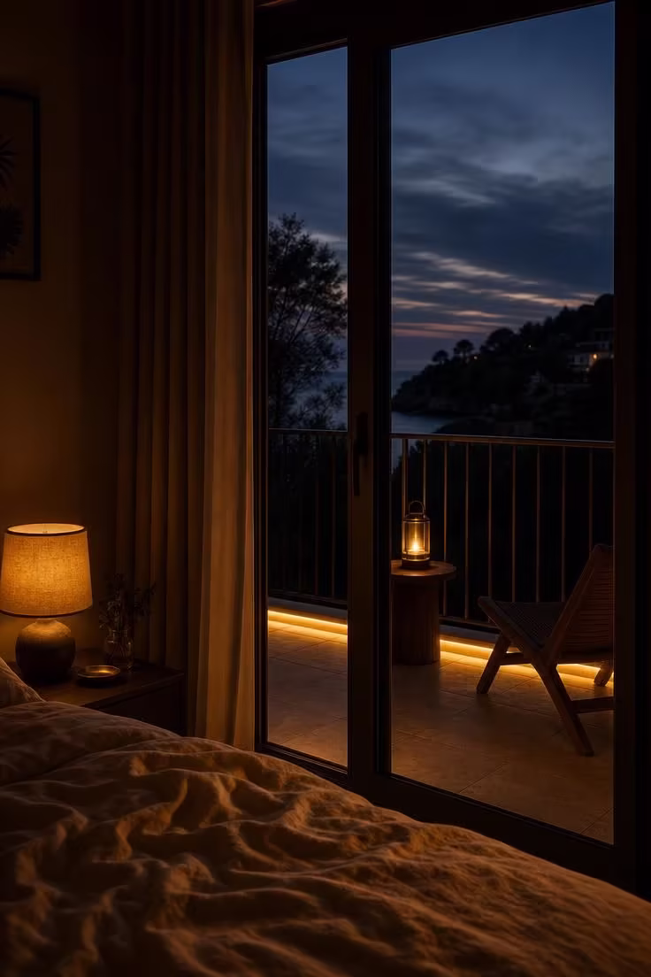 A moody evening view from a bedroom through half-open glass doors to a balcony lit by amber LED strip lights and a brass lantern matching the warm bedside lamp glow.