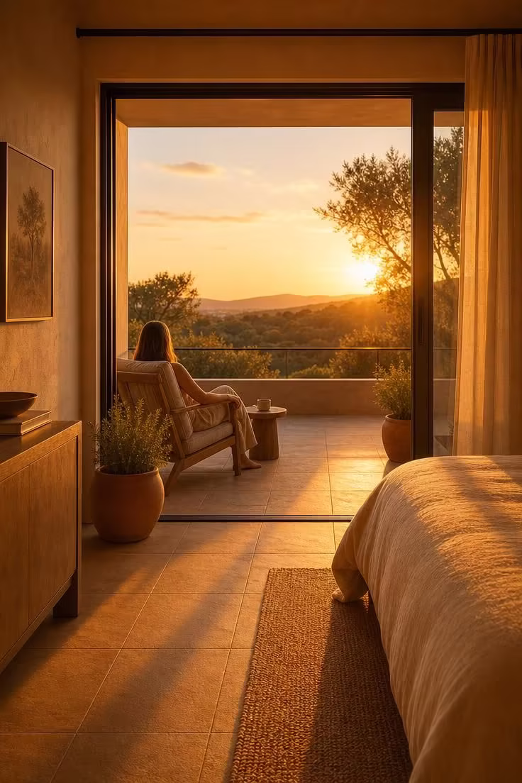 Golden hour light floods equally across a bedroom and its balcony through an open sliding glass door, with matching flooring and furniture unifying both spaces.