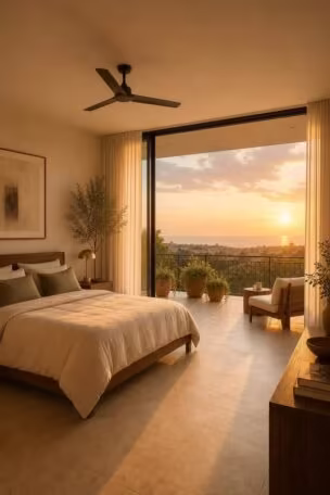 A full bedroom with balcony at golden hour showing continuous porcelain flooring, matching walnut furniture, and sheer curtains framing the open sliding glass doors as warm light unifies both spaces into one private retreat.