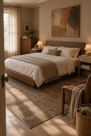 A warm bedroom with a walnut platform bed, ivory linen bedding, mismatched nightstands in dark oak and pale ash, a vintage-style rug, and soft morning light through sheer curtains.