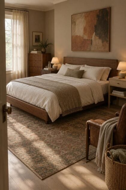 What to Know Before You Fill a Bedroom with Dark Wood Furniture A warm bedroom with a walnut platform bed, ivory linen bedding, mismatched nightstands in dark oak and pale ash, a vintage-style rug, and soft morning light through sheer curtains.